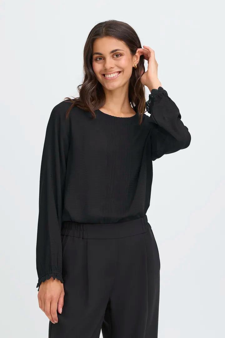 Fransa Roundneck blouse with lace cuff detail in Fudge or Black  20617375