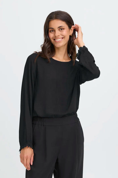 Fransa Roundneck blouse with lace cuff detail in Fudge or Black  20617375