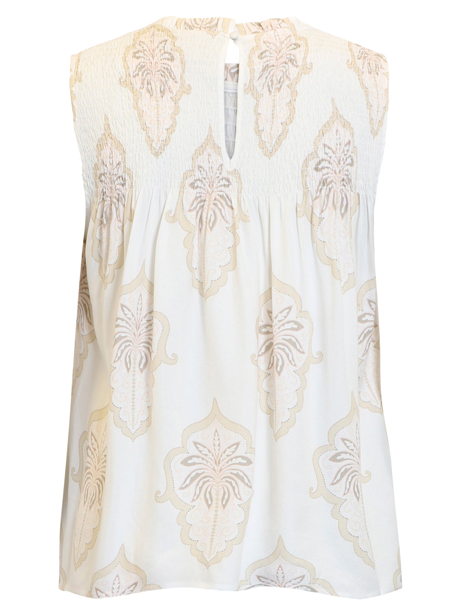 B Copenhagen Baroque Print Shirred Sleeveless Top in Beige 220498