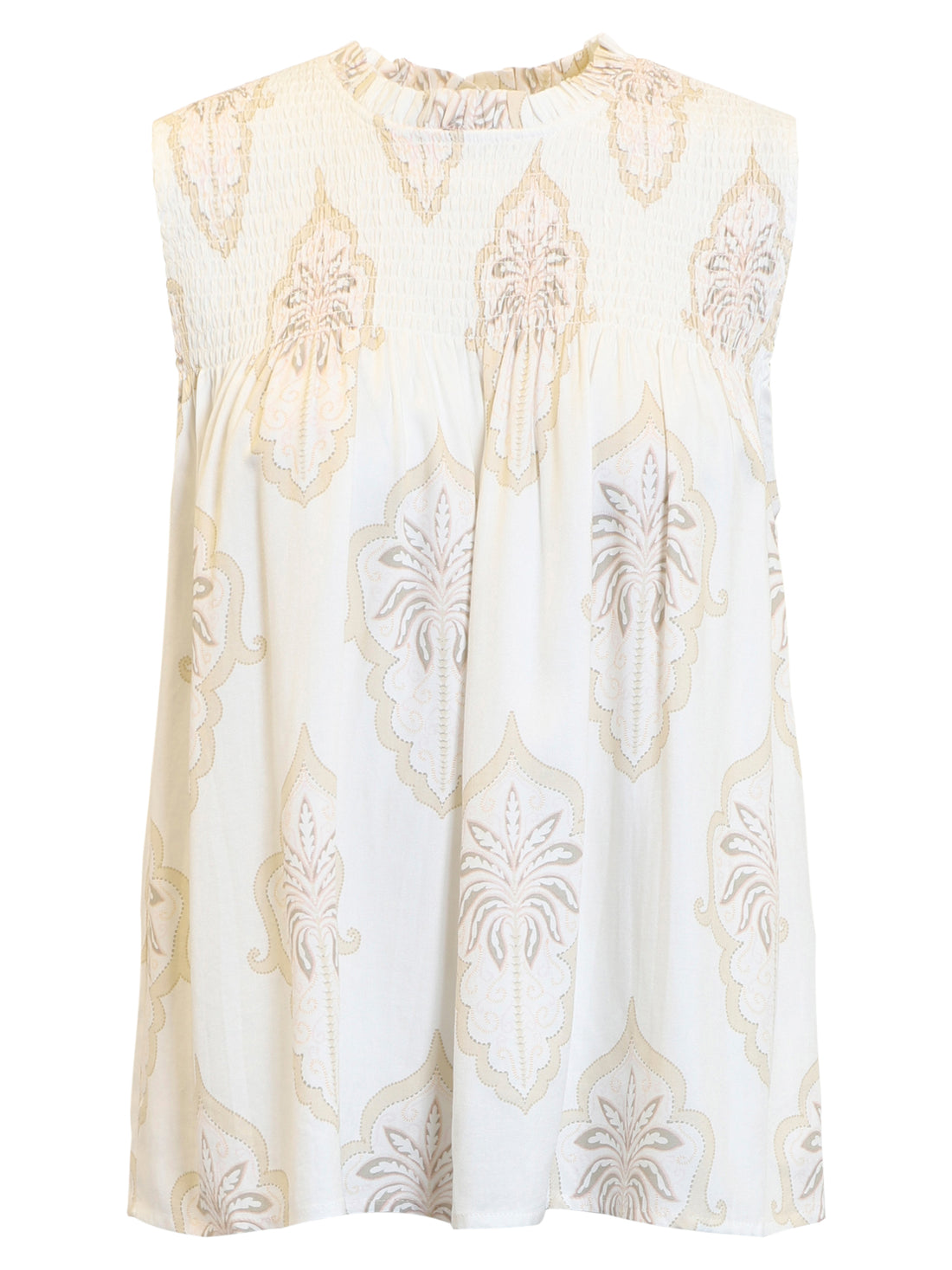 B Copenhagen Baroque Print Shirred Sleeveless Top in Beige 220498