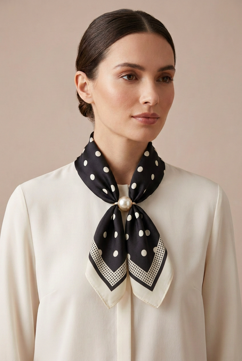 Silk Blend Scarf with Adjustable Pearl Clasp – Black &amp; Ivory Polka Dot