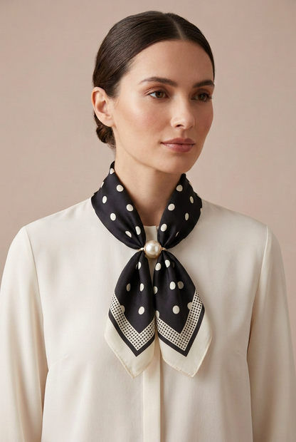 Silk Blend Scarf with Adjustable Pearl Clasp – Black &amp; Ivory Polka Dot