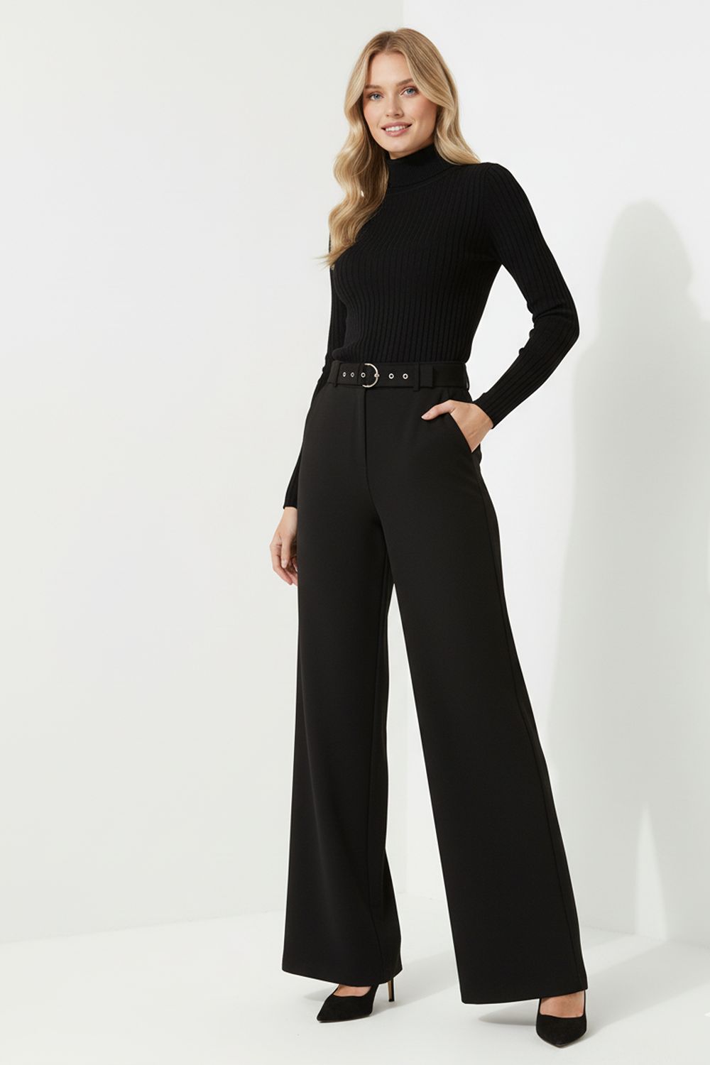 Marc Angelo High Waist Stretch Wide Leg trouser with Belt.  All Colours