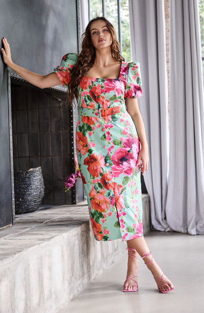 Hope &amp; Ivy The Rowena Puff Sleeve Sweetheart Neckline Pencil Dress