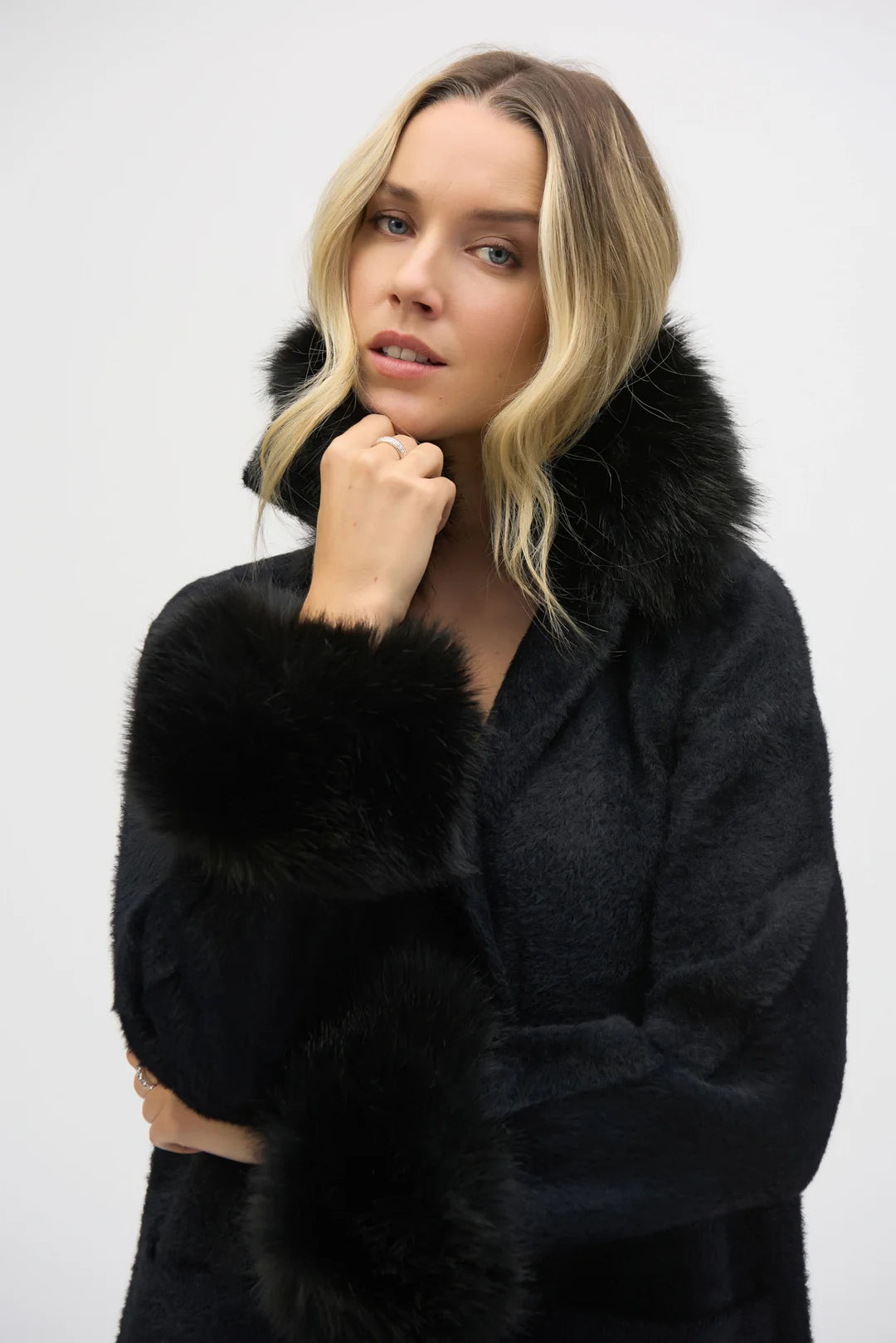 Faux Fur Sweater Coat with Fur Collar and Cuffs