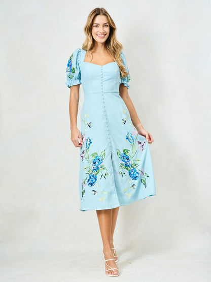 Hope &amp; Ivy Lacey V-Neck Full Skirt Tea Dress With Puff Sleeves