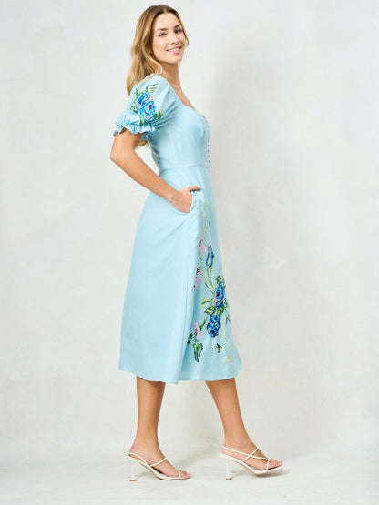 Hope &amp; Ivy Lacey V-Neck Full Skirt Tea Dress With Puff Sleeves
