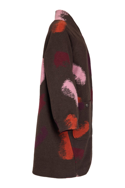 Noen Abstract print Wool Coat in Brown and Rose Print 87210