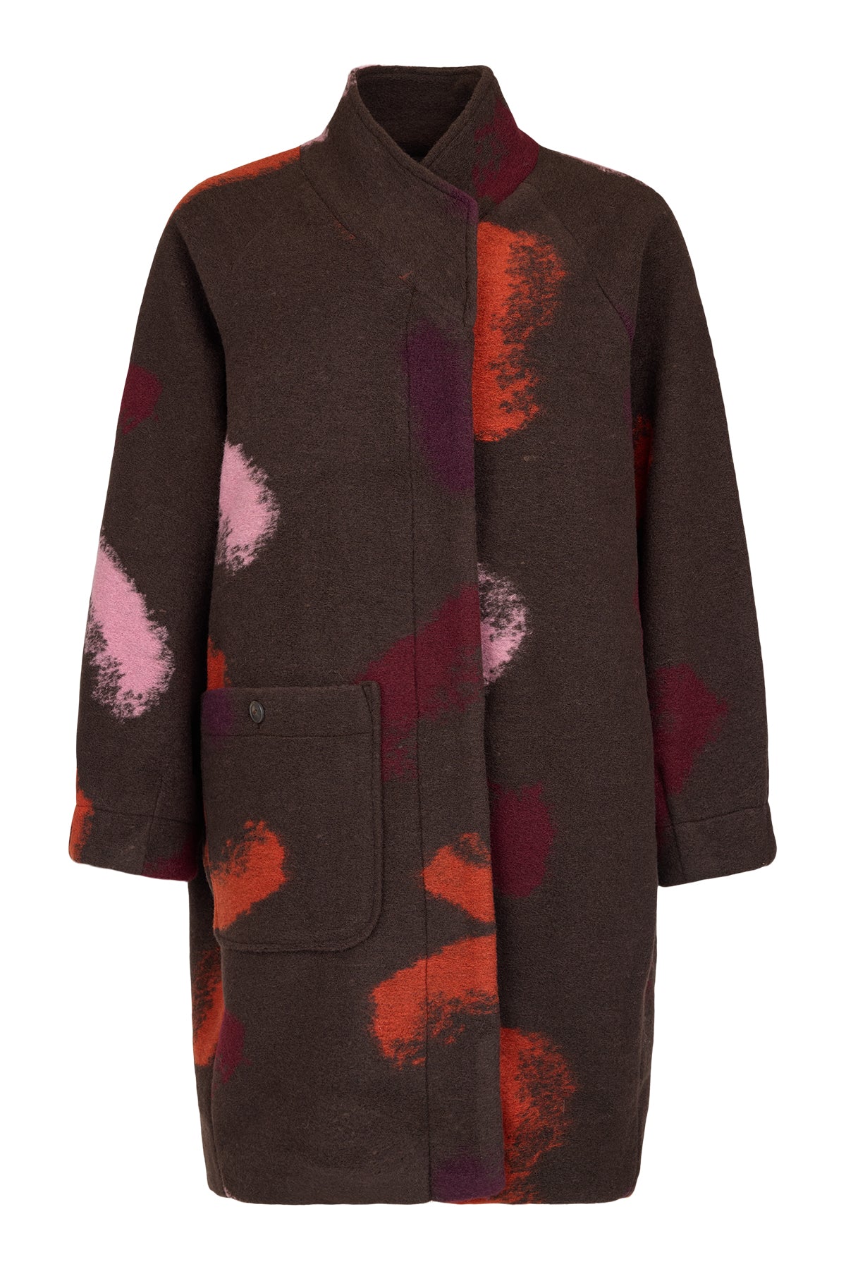 Noen Abstract print Wool Coat in Brown and Rose Print 87210