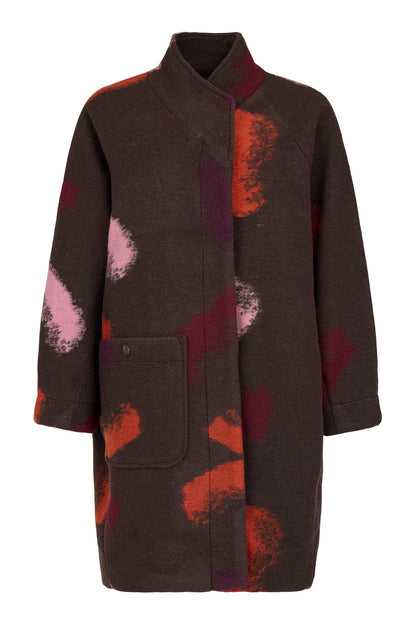 Noen Abstract print Wool Coat in Brown and Rose Print 87210