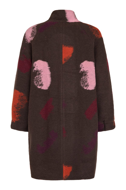 Noen Abstract print Wool Coat in Brown and Rose Print 87210