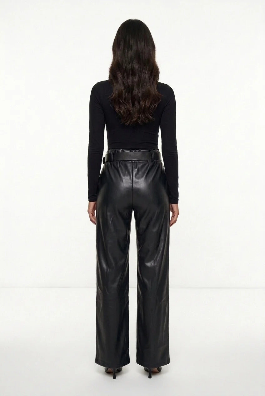Marc Angelo Belted Wide-Leg Faux Leather Trousers
