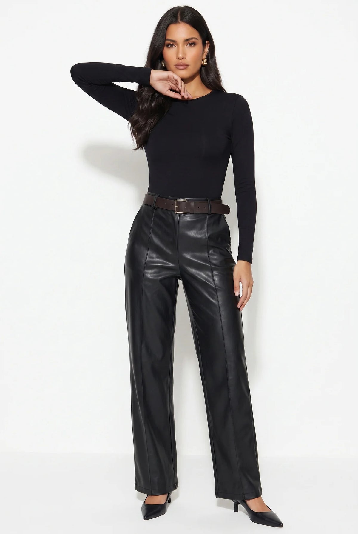 Marc Angelo Belted Wide-Leg Faux Leather Trousers