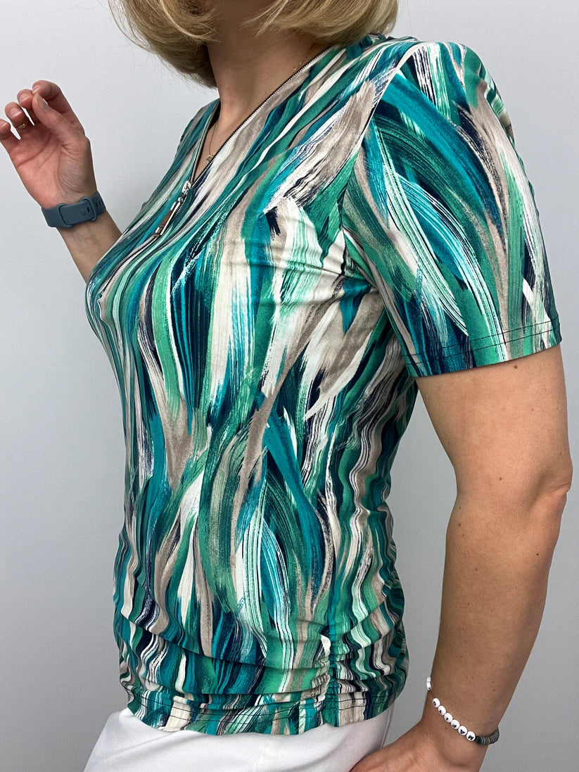 Ilona Short Zip top in Green and Navy Mix Zip26 12