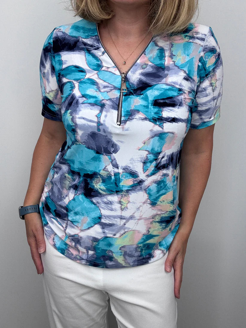 Ilona short sleeve Zip top in Turquoise and navy print Zip26 10