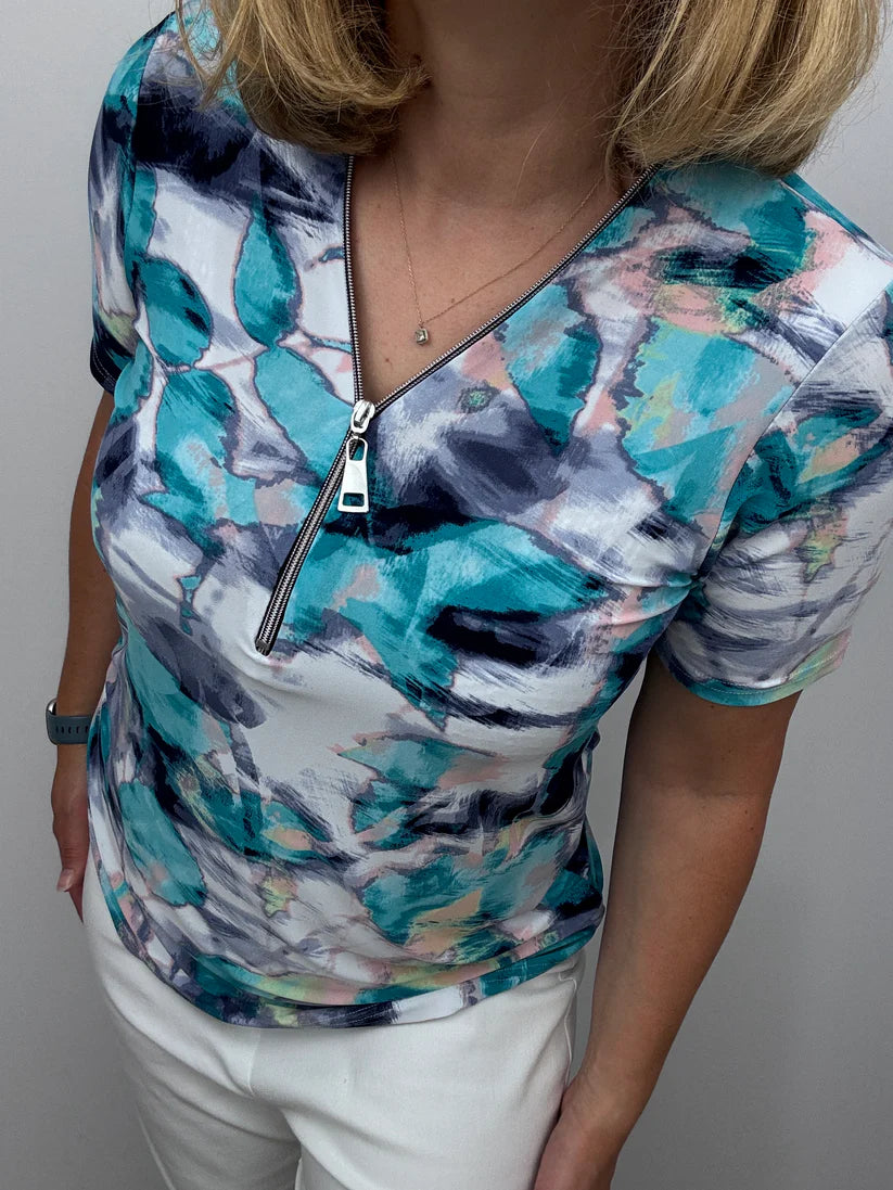 Ilona short sleeve Zip top in Turquoise and navy print Zip26 10
