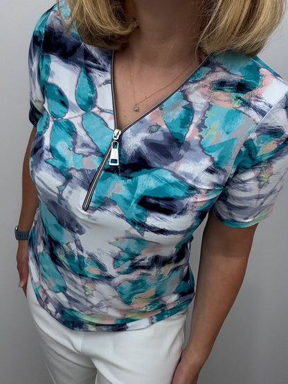Ilona short sleeve Zip top in Turquoise and navy print Zip26 10