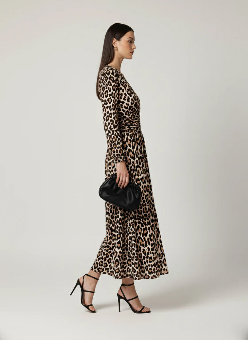 V Neck Jersey Midi Dress in Leopard print