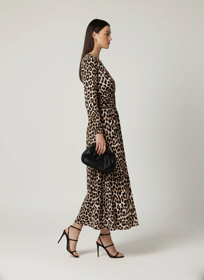 V Neck Jersey Midi Dress in Leopard print