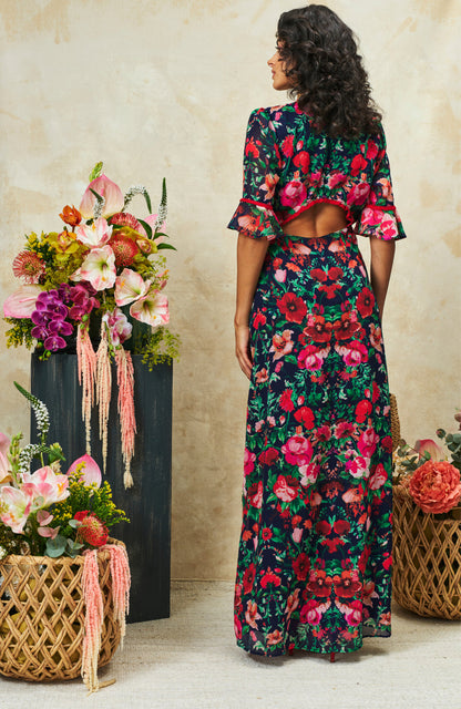 Hope &amp; Ivy Jemma Frill Sleeve Thigh Split Open Back Maxi Dress with Lace Trim
