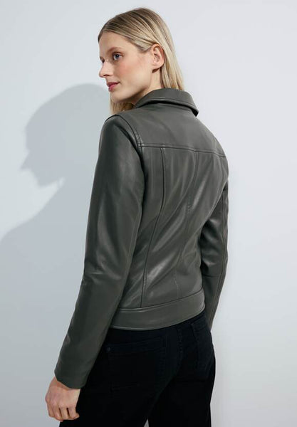 Cecil supersoft leather look biker jacket in olive green 212111