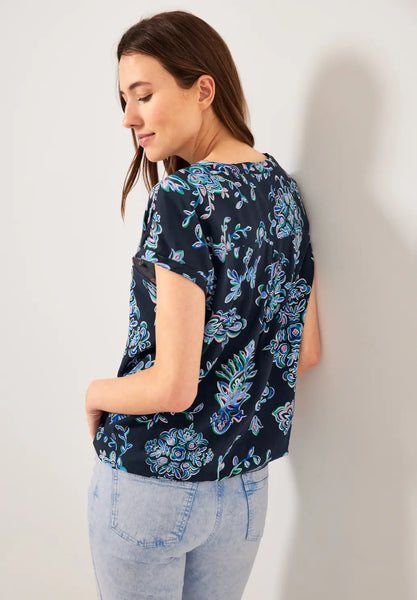Cecil short sleeve ornamnet print blouse in white or navy 344025
