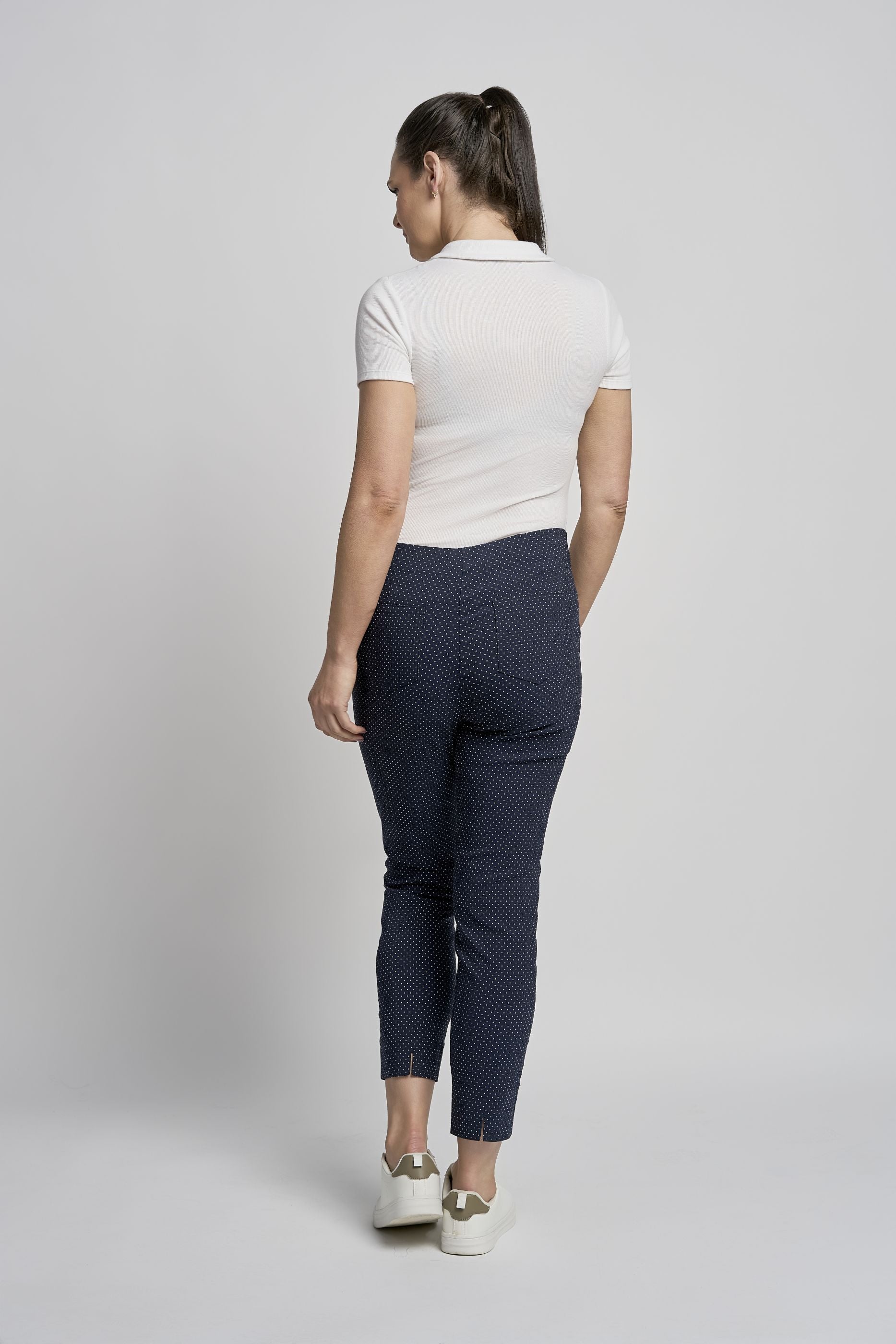 Pinns Navy  Polka Dot Slim Leg Bengaline Ankle Grazer with Back Slit L26.5