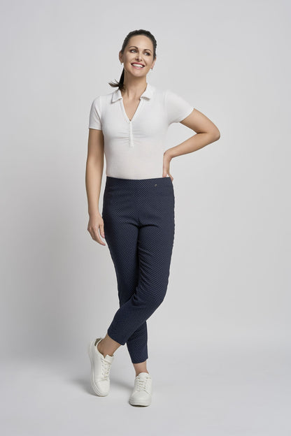 Pinns Navy  Polka Dot Slim Leg Bengaline Ankle Grazer with Back Slit L26.5