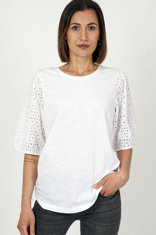 White Round neck Cotton top with Broderie Anglaise Sleeve Detail31133