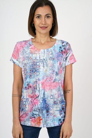Print T Shirt with circle heatstone detail. Green or pink 31284