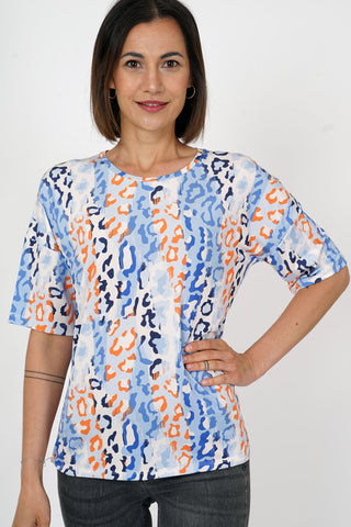 M.X.O. Round neck short sleeve print top in blue or Beige mix 31993
