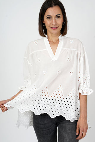White V Neck Cotton Tunic with Broderie Anglaise Detail 32278
