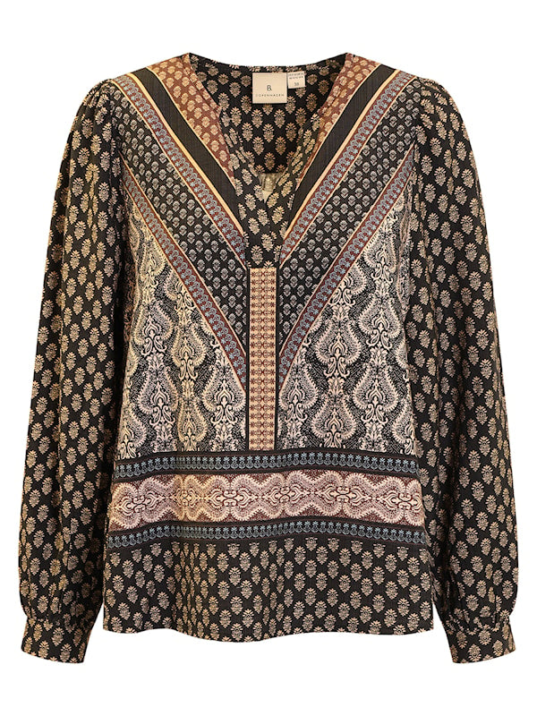 B Copenhagen V Neck Baroque print top in Black/Brown Print 40039