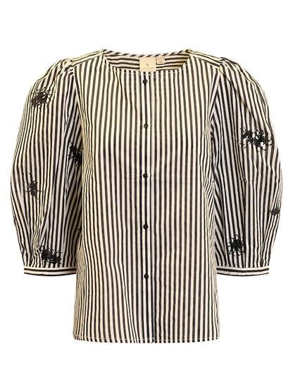 B Copenhagen round neck 3/4 sleeve stripe top with sleeve bead detail 60048