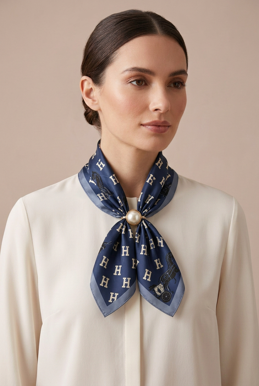 Silk Blend Scarf with Adjustable Pearl Clasp – Navy Equestrian Print