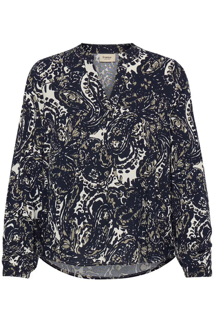 Fransa Split neck long sleeve blouse 20618003