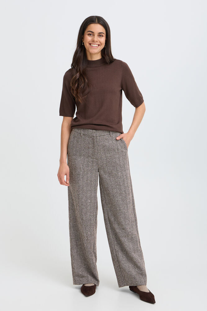 Fransa Wool Blend Wide Leg Trousers in Brown Herringbone fabric 20618247