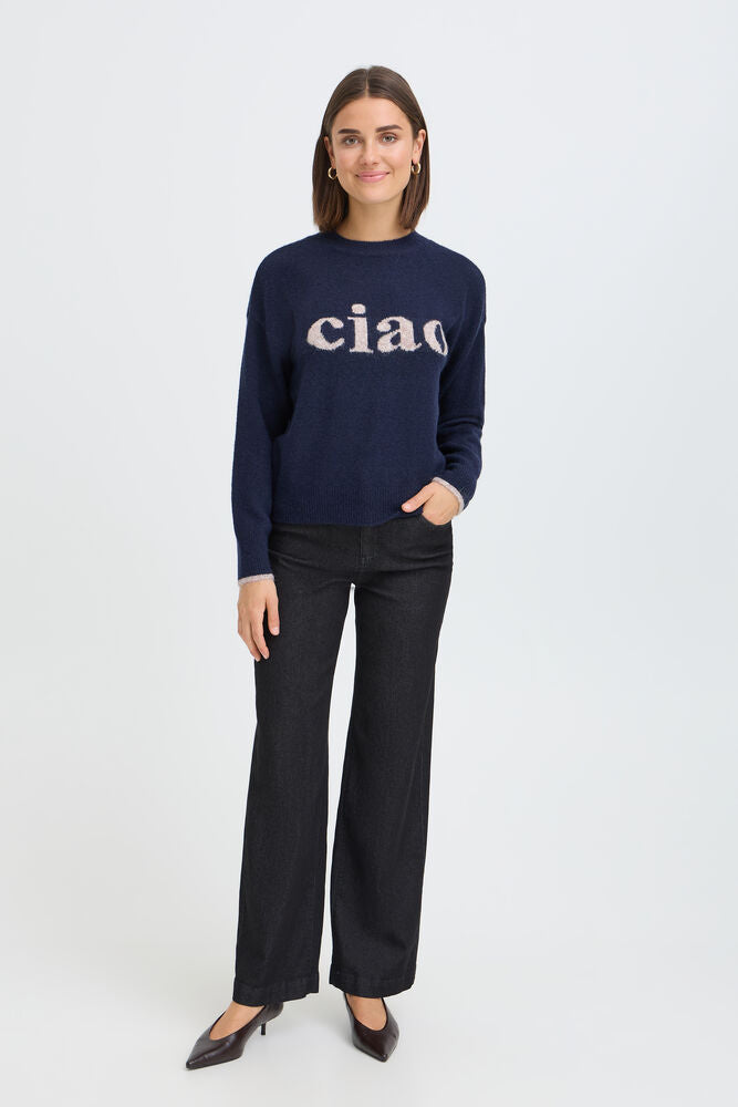 Fransa Florence Ciao Jumper in Navy  with contrast cuff trim 20618303