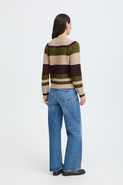 Byoung Round Neck Jumper in Avocado Green or Beige Stripe  20819114