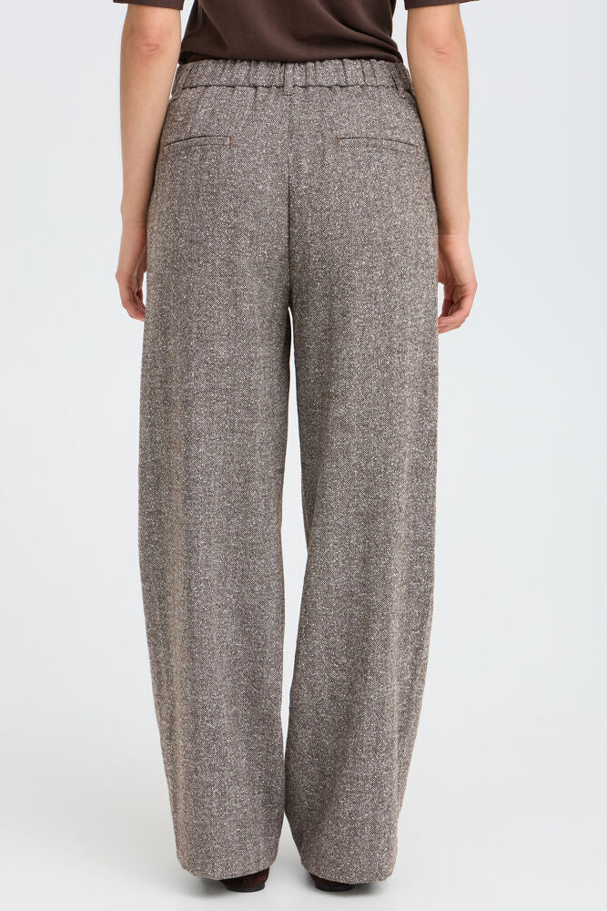 Fransa Wool Blend Wide Leg Trousers in Brown Herringbone fabric 20618247