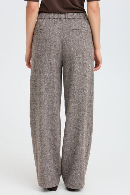 Fransa Wool Blend Wide Leg Trousers in Brown Herringbone fabric 20618247