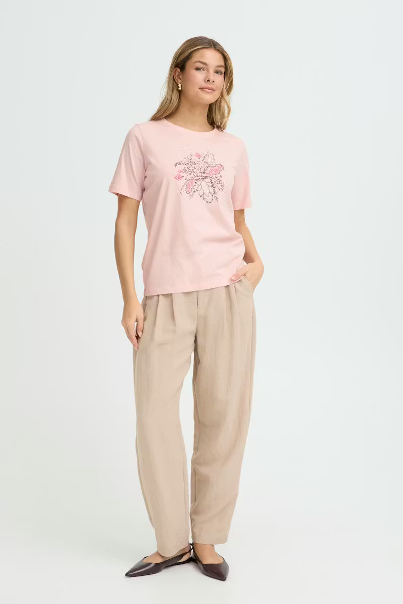 Fransa Cotton T shirt with Pink and Taupe Moif 20617656