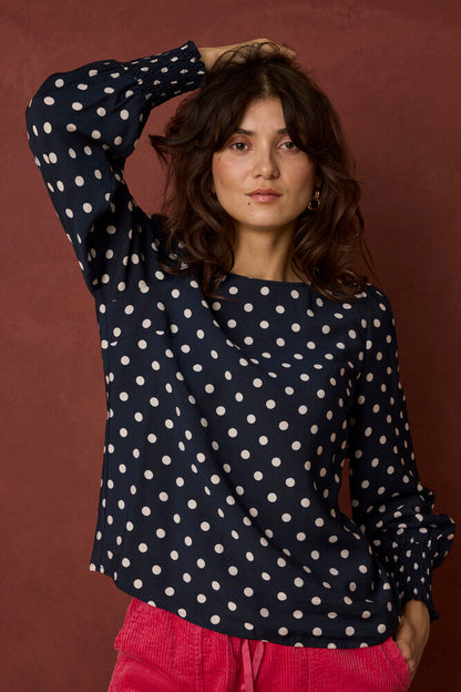 Fransa Round Neck Long Sleeve Top with Shirred Cuffs 20617327 Dot