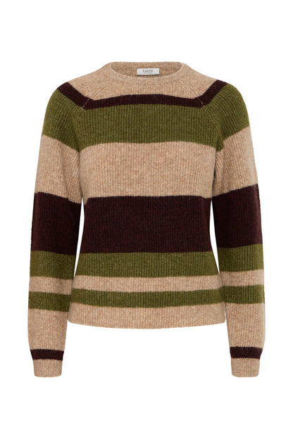 Byoung Round Neck Jumper in Avocado Green or Beige Stripe  20819114