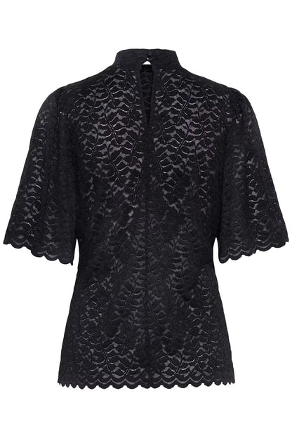 Fransa Black High neck Lace top with short sleeves 20618436