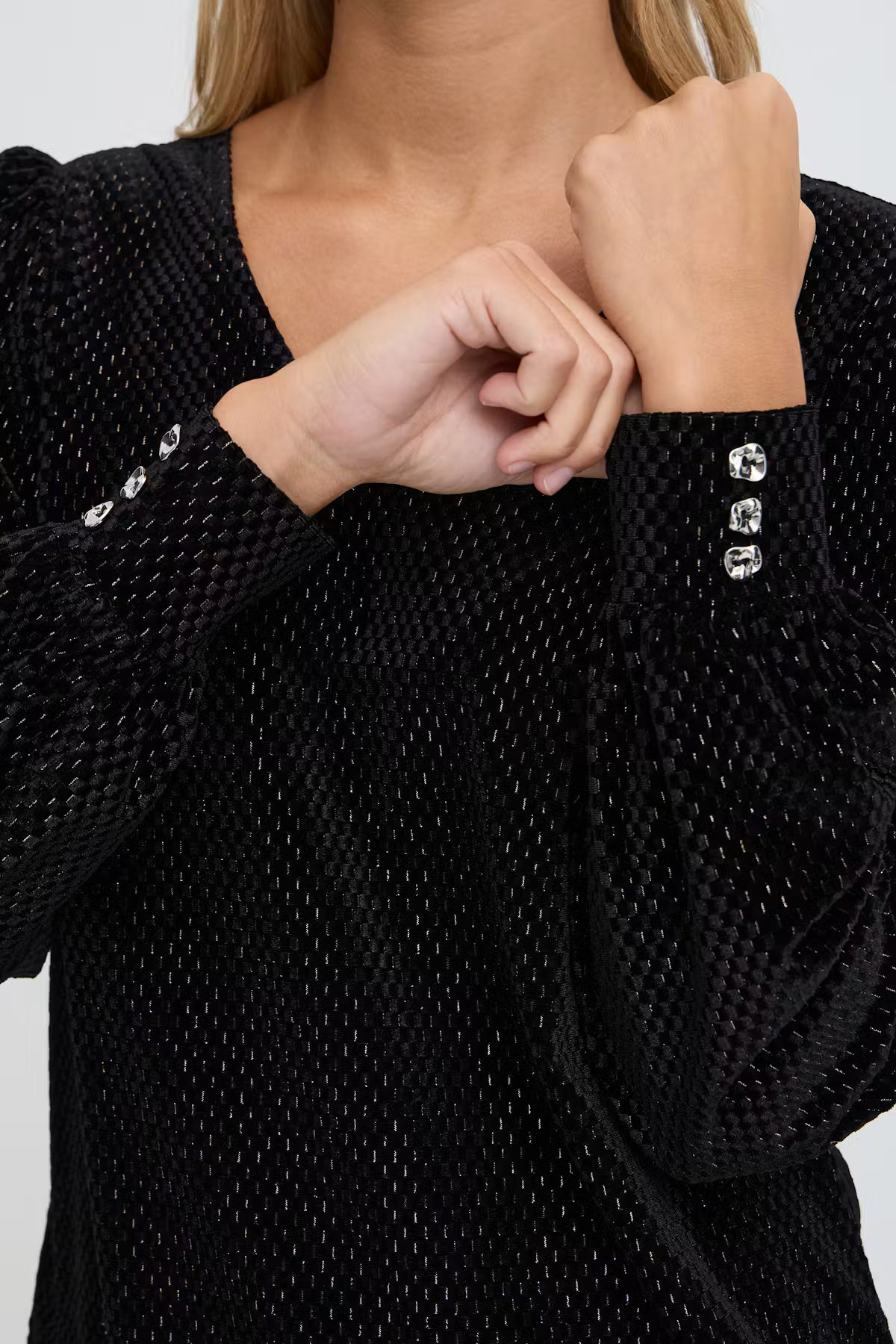 Fransa Koa Velvet V-Neck Top with Subtle Shimmer