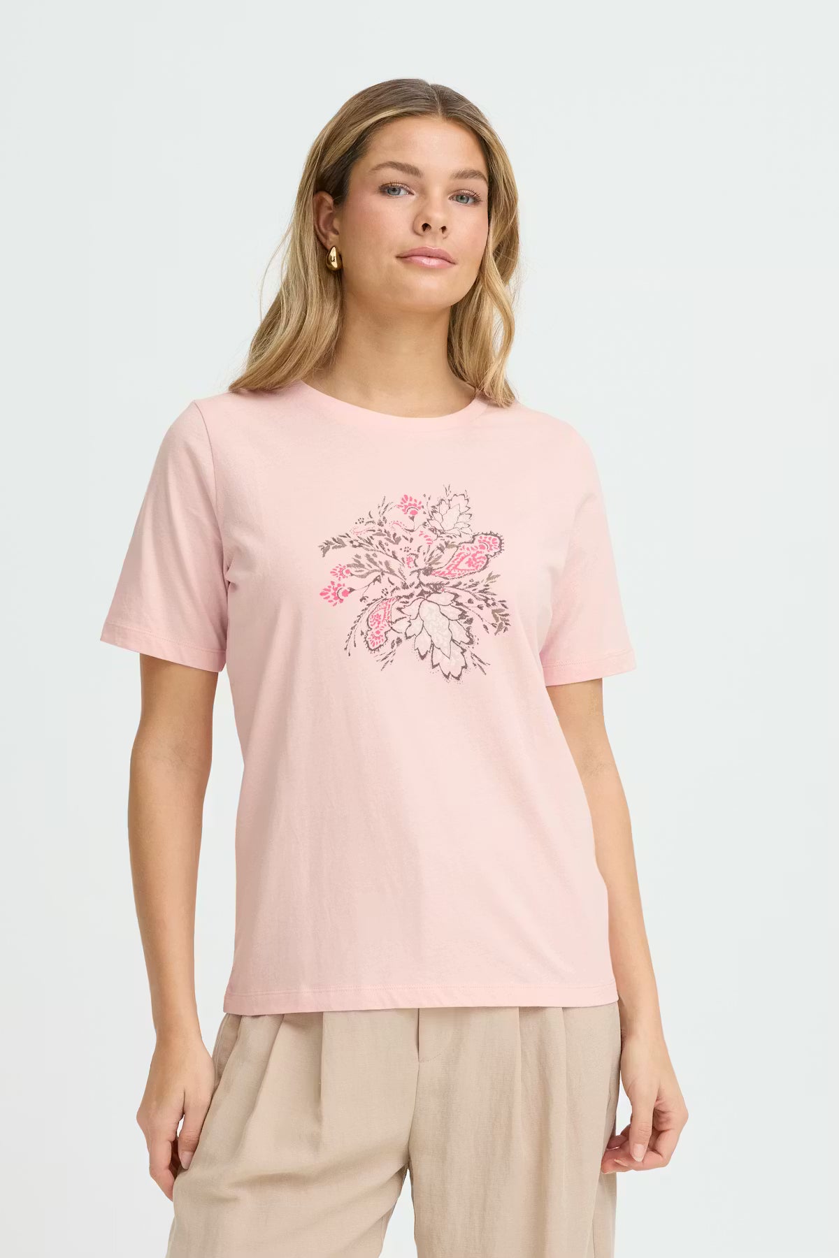 Fransa Cotton T shirt with Pink and Taupe Moif 20617656