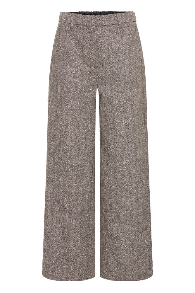 Fransa Wool Blend Wide Leg Trousers in Brown Herringbone fabric 20618247