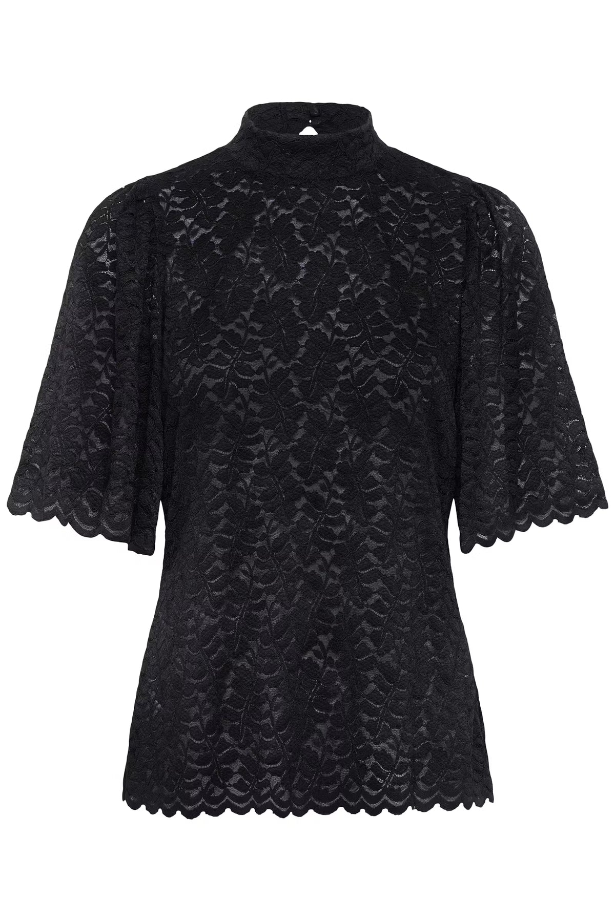 Fransa Black High neck Lace top with short sleeves 20618436