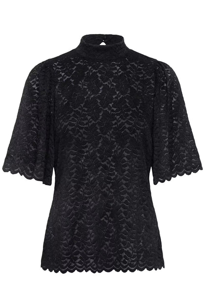 Fransa Black High neck Lace top with short sleeves 20618436